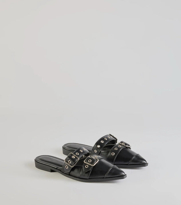 The Edgy Flair Faux Leather Buckle Strap Flats are women's black shoes for work, featuring a sleek silhouette and cushioned sole for all-day comfort, and are a trendy choice for professional or business casual outfits.