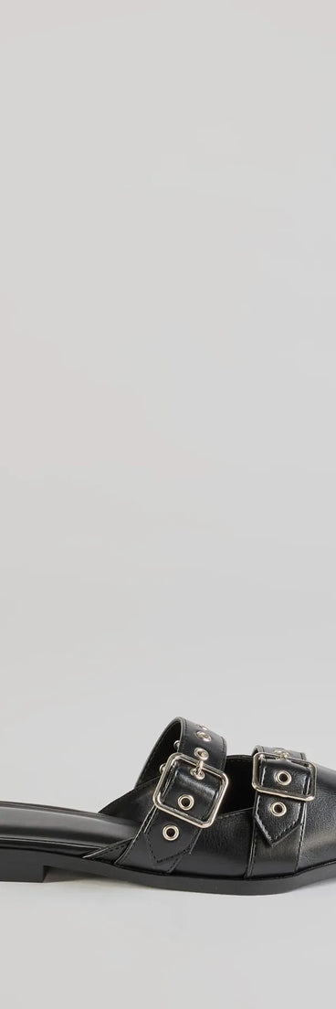 The Edgy Flair Faux Leather Buckle Strap Flats are women's black shoes for work, featuring a sleek silhouette and cushioned sole for all-day comfort, and are a trendy choice for professional or business casual outfits.