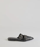 The Edgy Flair Faux Leather Buckle Strap Flats are women's black shoes for work, featuring a sleek silhouette and cushioned sole for all-day comfort, and are a trendy choice for professional or business casual outfits.