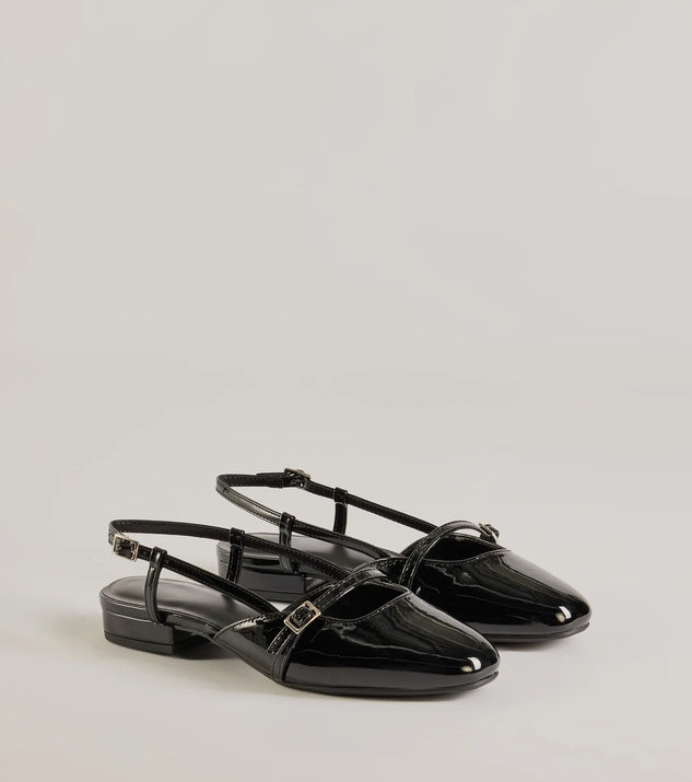 The The Classic Faux Patent Leather Mary Jane Flats are women's black shoes for work, featuring a sleek silhouette and cushioned sole for all-day comfort, and are a trendy choice for professional or business casual outfits.