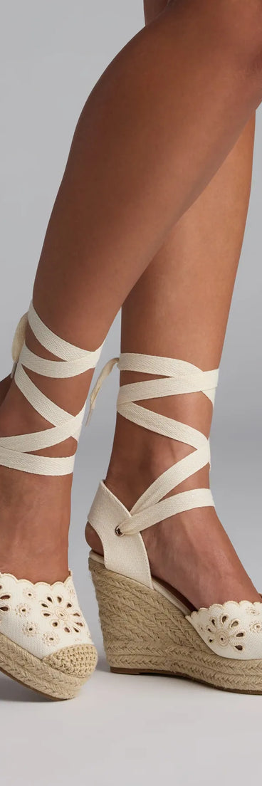 Step into style with the Walk In The Park Eyelet Lace-Up Espadrille Wedges, ivory heels made to complete your Windsor look with comfort and glam in mind.