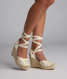 Step into style with the Walk In The Park Eyelet Lace-Up Espadrille Wedges, ivory heels made to complete your Windsor look with comfort and glam in mind.