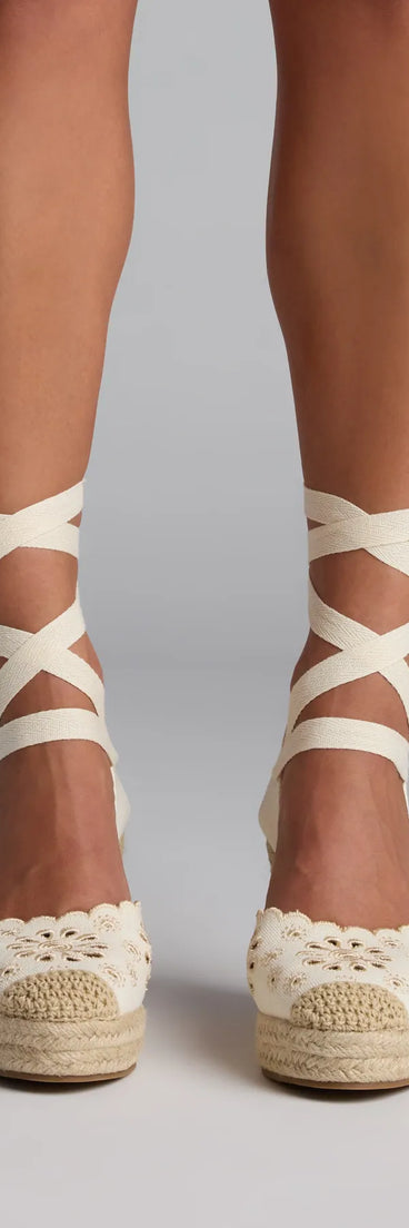 Turn heads in the Walk In The Park Eyelet Lace-Up Espadrille Wedges, ivory heels showcasing a fresh trend or stylish detail made to elevate your full Windsor fit.