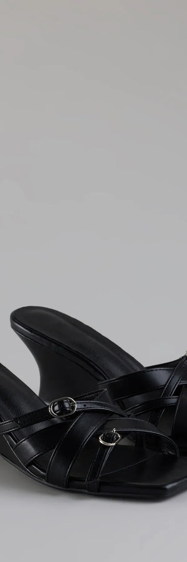 Step into style with the Playing It Cute Strappy Buckle Wedge Heels, black heels made to complete your Windsor look with comfort and glam in mind.