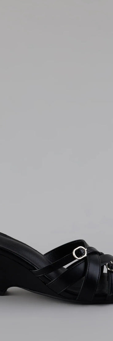 Turn heads in the Playing It Cute Strappy Buckle Wedge Heels, black heels showcasing a fresh trend or stylish detail made to elevate your full Windsor fit.