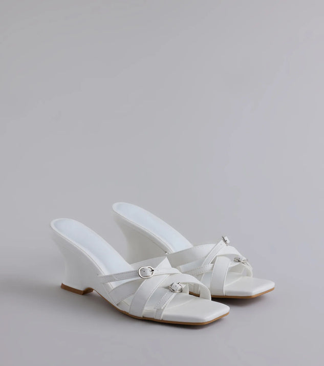 Step into style with the Playing It Cute Strappy Buckle Wedge Heels, white heels made to complete your Windsor look with comfort and glam in mind.
