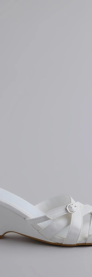 Turn heads in the Playing It Cute Strappy Buckle Wedge Heels, white heels showcasing a fresh trend or stylish detail made to elevate your full Windsor fit.