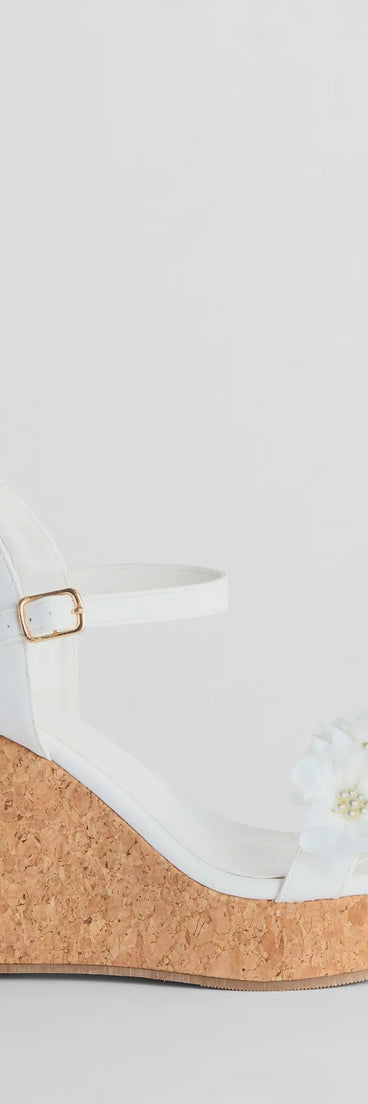 Whimsical Touch Pearl Flower Strap Cork Wedges