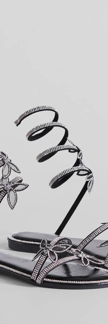 
Upgrade your style game for 2025 with the Perfectly Glam Rhinestone Butterfly Spiral Strap Sandals in black, perfect for any fashion-forward wardrobe.