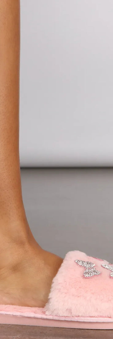 Faux Fur Embroidered Butterfly Slippers