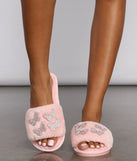 Faux Fur Embroidered Butterfly Slippers