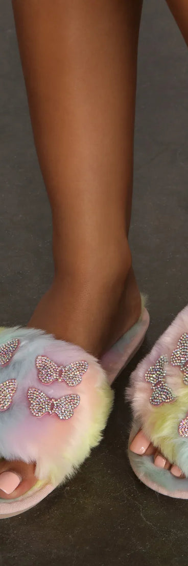 Tie Dye Faux Fur Butterfly Slides