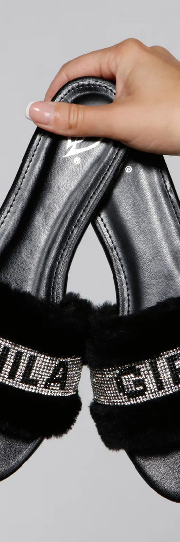 Rhinestone Tequila Girl Fluffy Slide Sandals