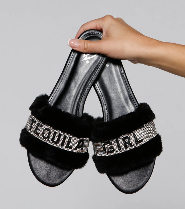 Rhinestone Tequila Girl Fluffy Slide Sandals