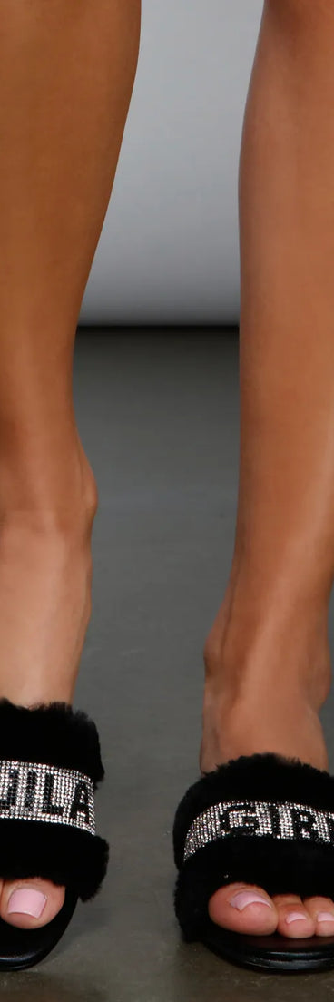 Rhinestone Tequila Girl Fluffy Slide Sandals