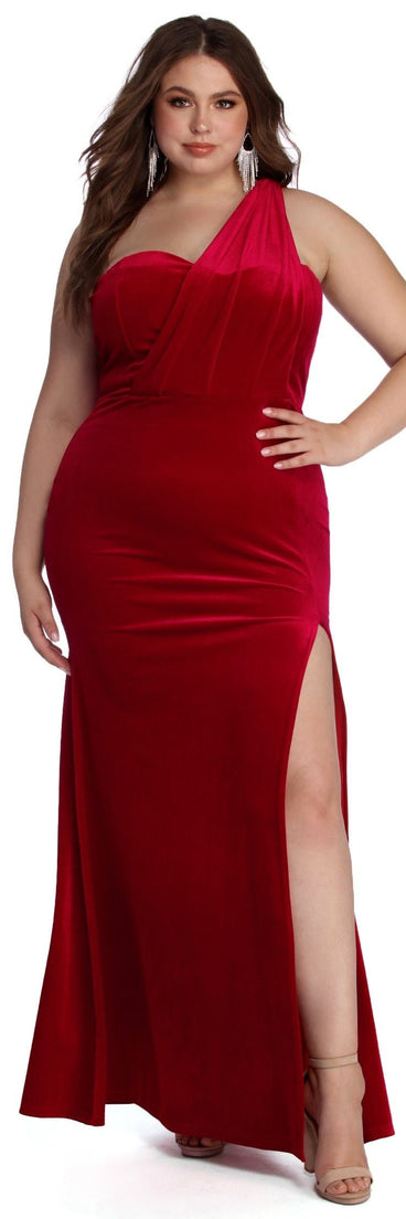 Plus Iris One Shoulder Draped Velvet Dress