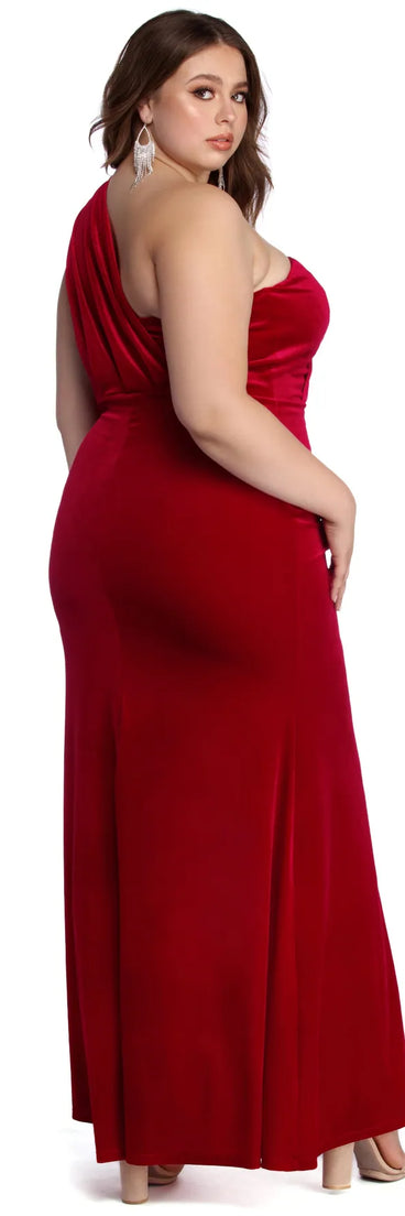 Plus Iris One Shoulder Draped Velvet Dress