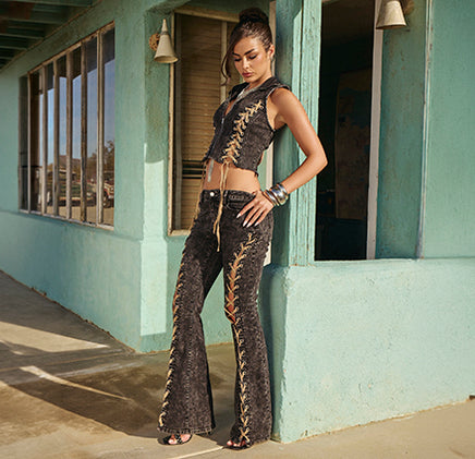 Step into standout style with bestselling bottoms featuring flared denim, side lace-up accents, and curve-hugging silhouettes.