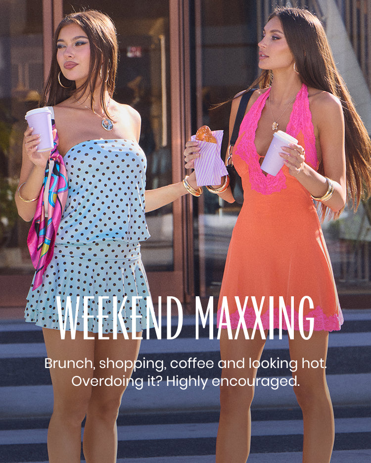 Weekend maxxing—shop brunch dresses with polka dots, halter minis, and playful, hot-girl styling.