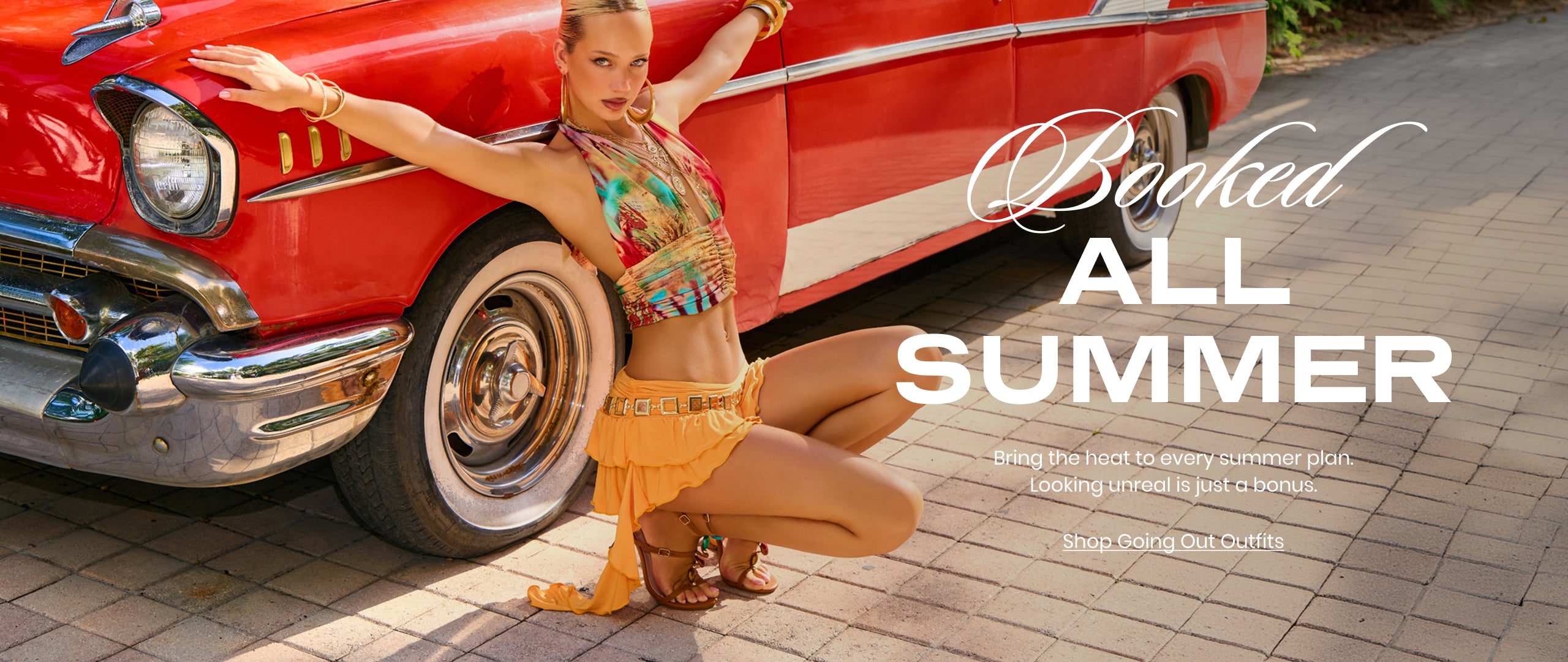 Booked all summer—shop going out outfits with bold prints, playful ruffle skirts, and heat-turning style.
