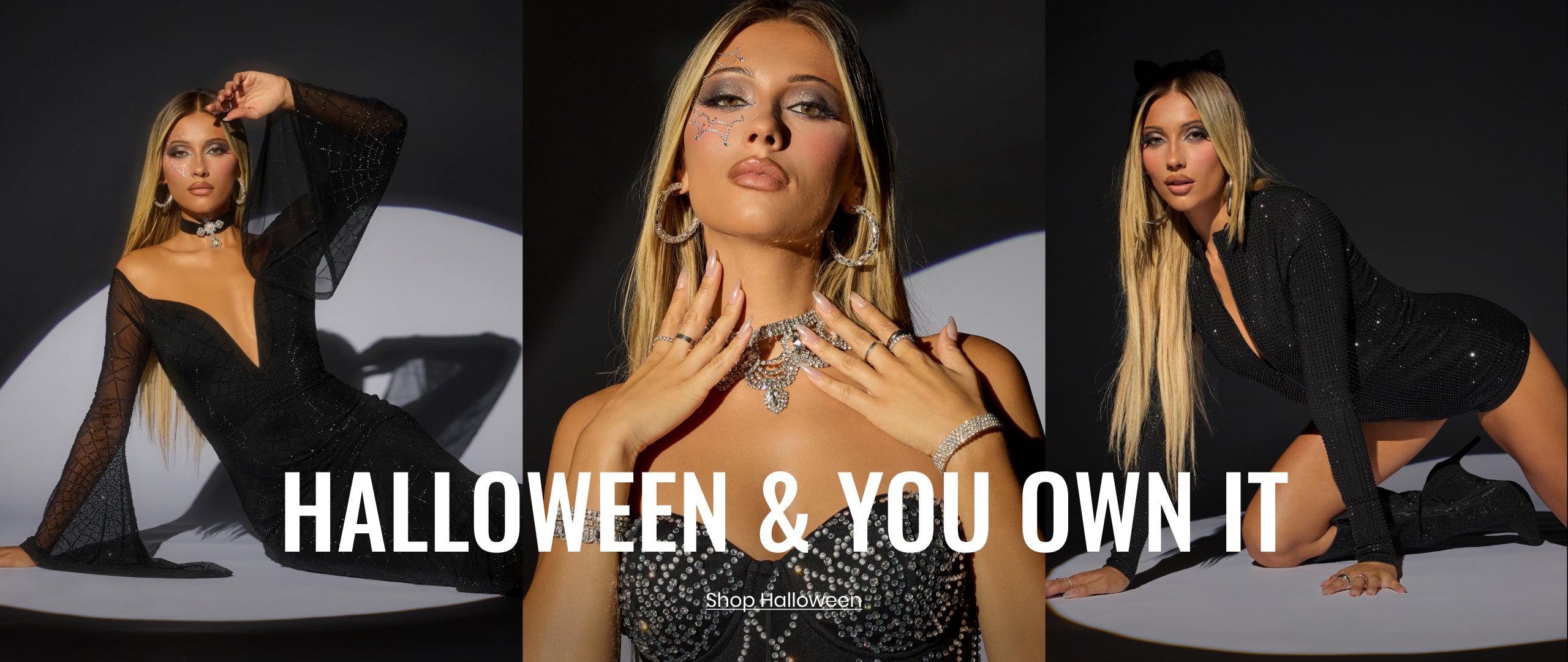 Discover Halloween outfits featuring embellished corsets, dramatic sheer details, and playful accessories made for your Halloween alter ego.