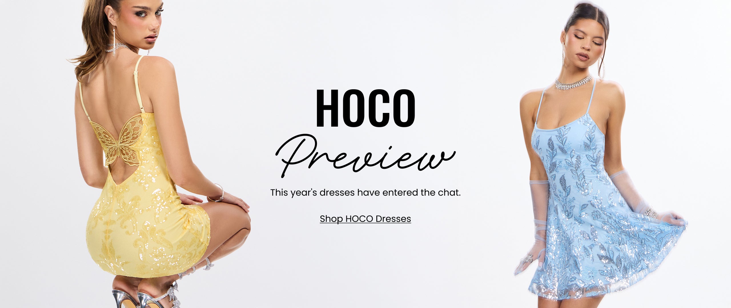 The Hoco Preview—shop homecoming dresses featuring sequin minis, soft hues, luxe fabrics, and this season's must-have styles.