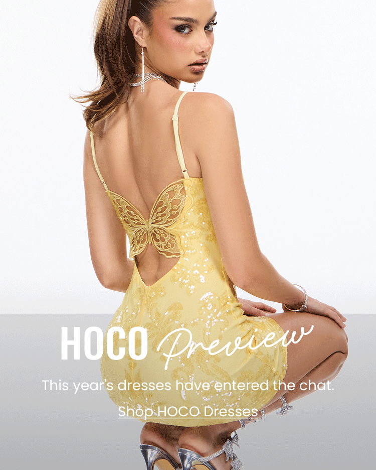 The Hoco Preview—shop homecoming dresses featuring sequin minis, soft hues, luxe fabrics, and this season's must-have styles.