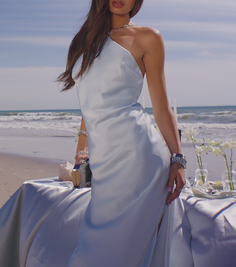 princess polly baby blue dress Azazie A-Line Cowl Floor-Length Metallic Satin Bridesmaid Dresses main image 1