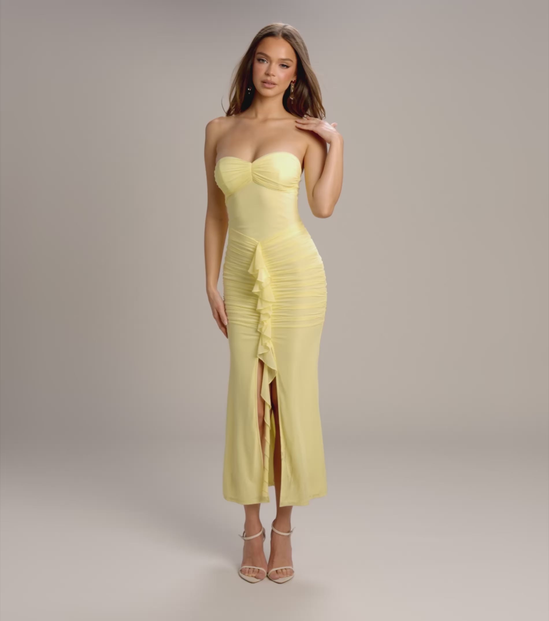yellow black bridesmaid dresses Yellow Satin Lace Maxi Dress – self-portrait-US
