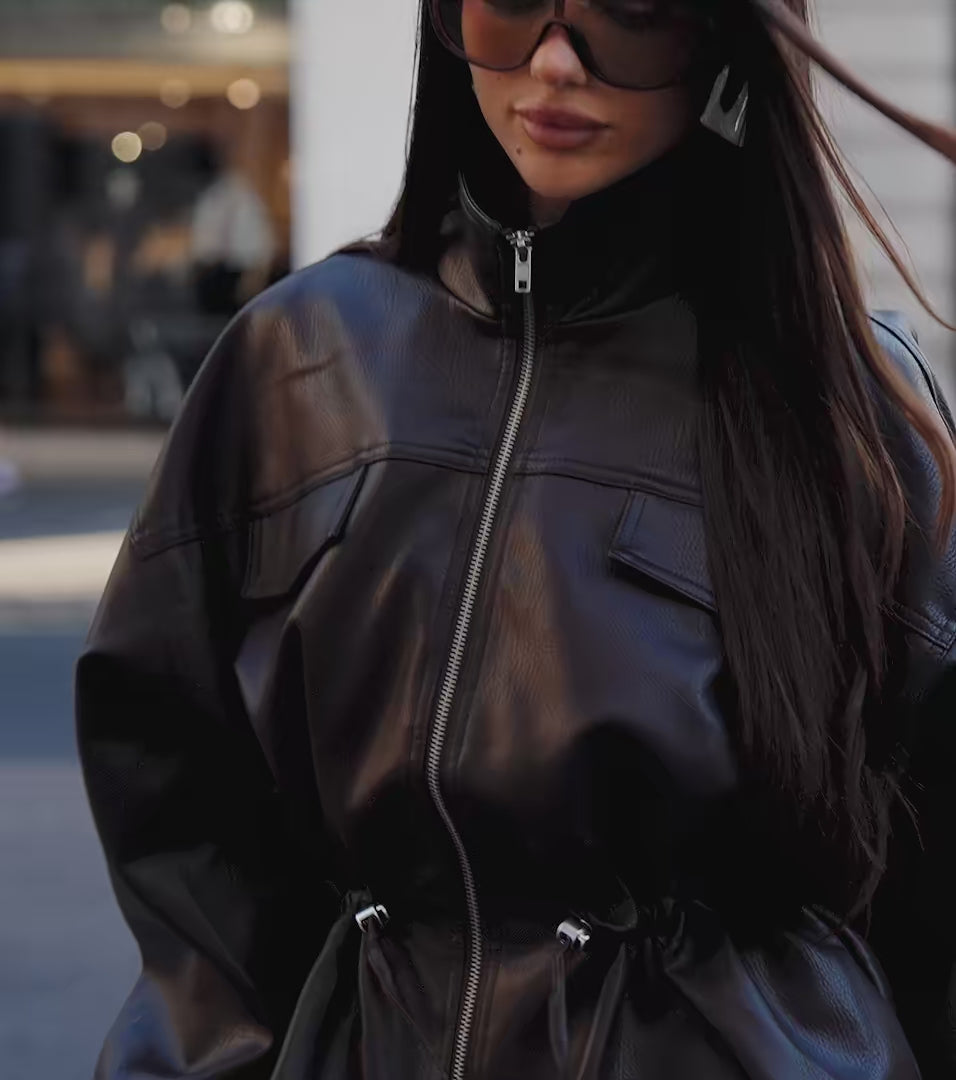 City-Bound Faux Leather Cinched Waist Bomber Jacket | Windsor