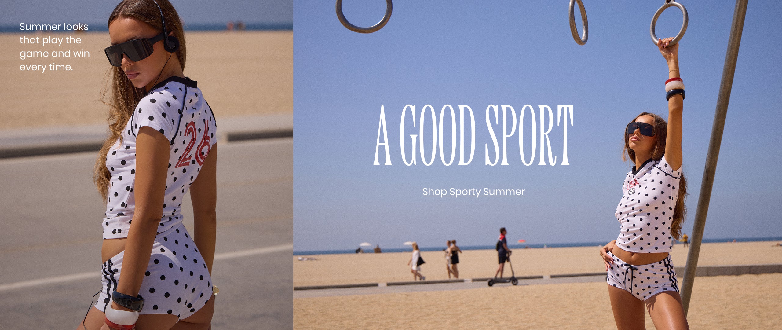 Shop game day outfits with a good sport energy—retro matching sets, sporty stripes, and cool-girl summer vibes.