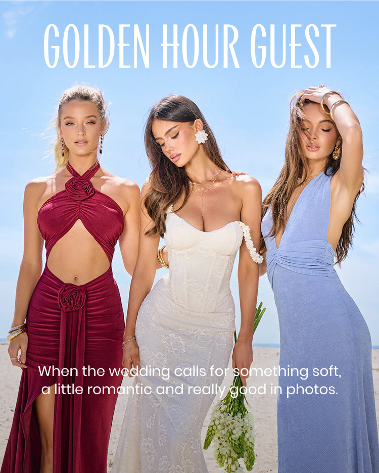 Golden hour guest—shop wedding guest dresses with flowing silhouettes, delicate textures, and unforgettable sunset-ready styles.