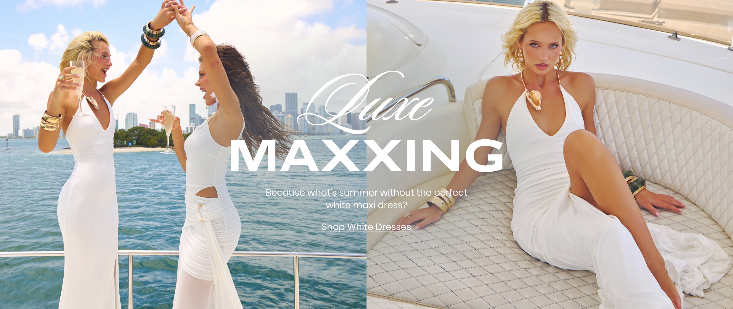Shop white dresses and embrace luxe maxxing featuring halter necklines, elegant cutouts, and effortless summer glamour.