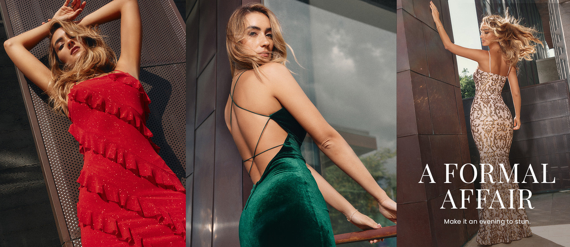 Shop an array of formal dresses including red or green gowns in velvet or glitter, sequin dresses, adjustable spaghetti strap styles, stunning accents like ruffles, & more for formal affairs to make it an evening to stun.