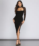 Everly Lace Front Slit Midi Dress creates the perfect summer wedding guest dress or cocktail party dresss with stylish details in the latest trends for 2023!