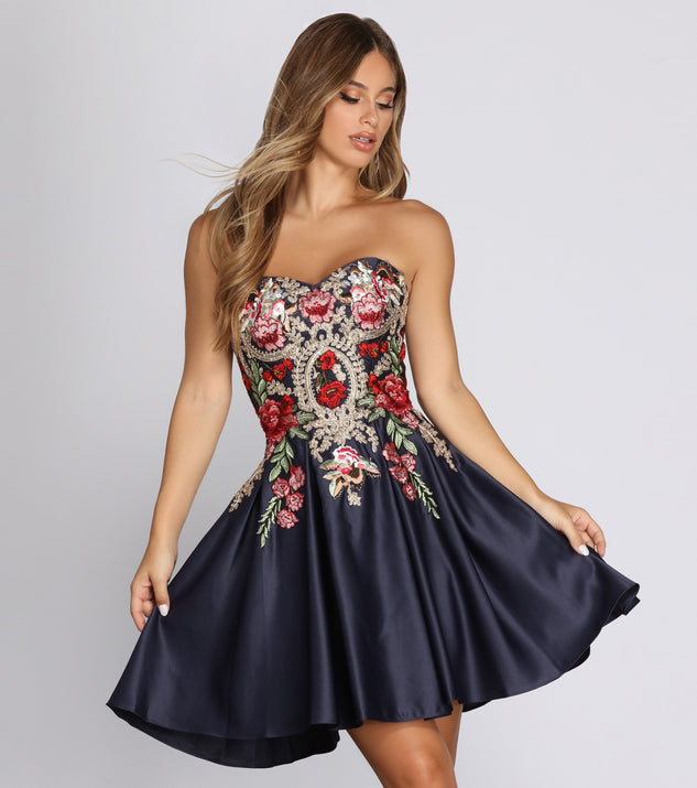 The Lexi Embroidered Satin Strapless Dress is a gorgeous pick as your 2023 prom dress or formal gown for wedding guest, spring bridesmaid, or army ball attire!