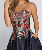 The Lexi Embroidered Satin Strapless Dress is a gorgeous pick as your 2023 prom dress or formal gown for wedding guest, spring bridesmaid, or army ball attire!