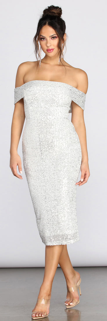 Desi Sequin Off Shoulder Midi Dress creates the perfect summer wedding guest dress or cocktail party dresss with stylish details in the latest trends for 2023!