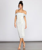 Desi Sequin Off Shoulder Midi Dress creates the perfect summer wedding guest dress or cocktail party dresss with stylish details in the latest trends for 2023!