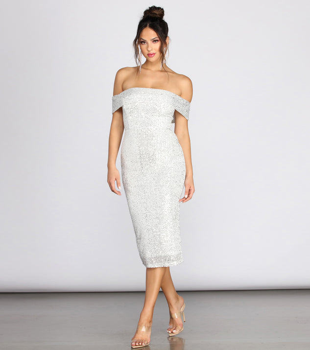 Desi Sequin Off Shoulder Midi Dress creates the perfect summer wedding guest dress or cocktail party dresss with stylish details in the latest trends for 2023!