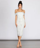 Desi Sequin Off Shoulder Midi Dress creates the perfect summer wedding guest dress or cocktail party dresss with stylish details in the latest trends for 2023!
