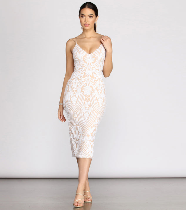 Genna Sequin Patterned Midi Dress creates the perfect summer wedding guest dress or cocktail party dresss with stylish details in the latest trends for 2023!