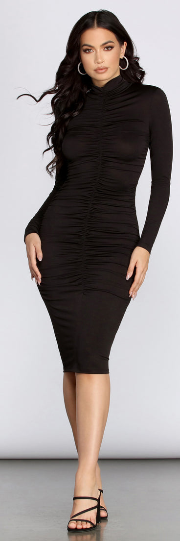 Anita Mock Neck Ruched Midi Dress creates the perfect summer wedding guest dress or cocktail party dresss with stylish details in the latest trends for 2023!