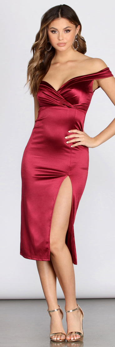 Florence Off Shoulder Satin Dress creates the perfect summer wedding guest dress or cocktail party dresss with stylish details in the latest trends for 2023!