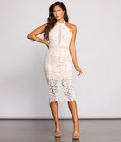 Sydney High Neck Scalloped Lace Midi Dress is a gorgeous pick as your 2023 prom dress or formal gown for wedding guest, spring bridesmaid, or army ball attire!