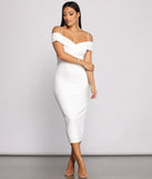 Valeria Formal Off-The-Shoulder Crepe Midi  Off-White Prom Dress is a gorgeous pick as your 2023 prom dress or formal gown for wedding guest, spring bridesmaid, or army ball attire!