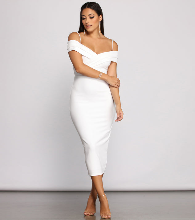 Valeria Formal Off-The-Shoulder Crepe Midi  Off-White Prom Dress is a gorgeous pick as your 2023 prom dress or formal gown for wedding guest, spring bridesmaid, or army ball attire!