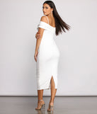 Valeria Formal Off-The-Shoulder Crepe Midi  Off-White Prom Dress is a gorgeous pick as your 2023 prom dress or formal gown for wedding guest, spring bridesmaid, or army ball attire!