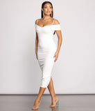 Valeria Formal Off-The-Shoulder Crepe Midi  Off-White Prom Dress is a gorgeous pick as your 2023 prom dress or formal gown for wedding guest, spring bridesmaid, or army ball attire!