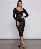 Addison Stretch Satin Long Sleeve Midi Dress creates the perfect summer wedding guest dress or cocktail party dresss with stylish details in the latest trends for 2023!